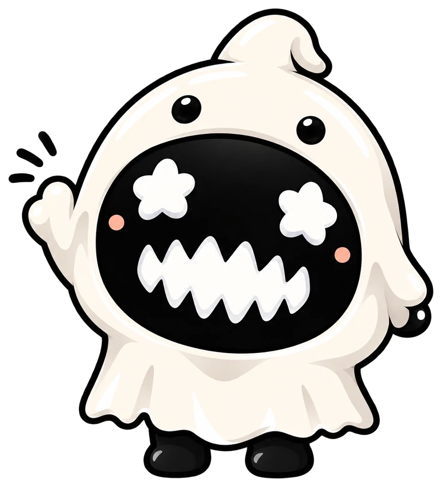 Gimodelo, a cream sheet ghost with a wide black grin, waving hello